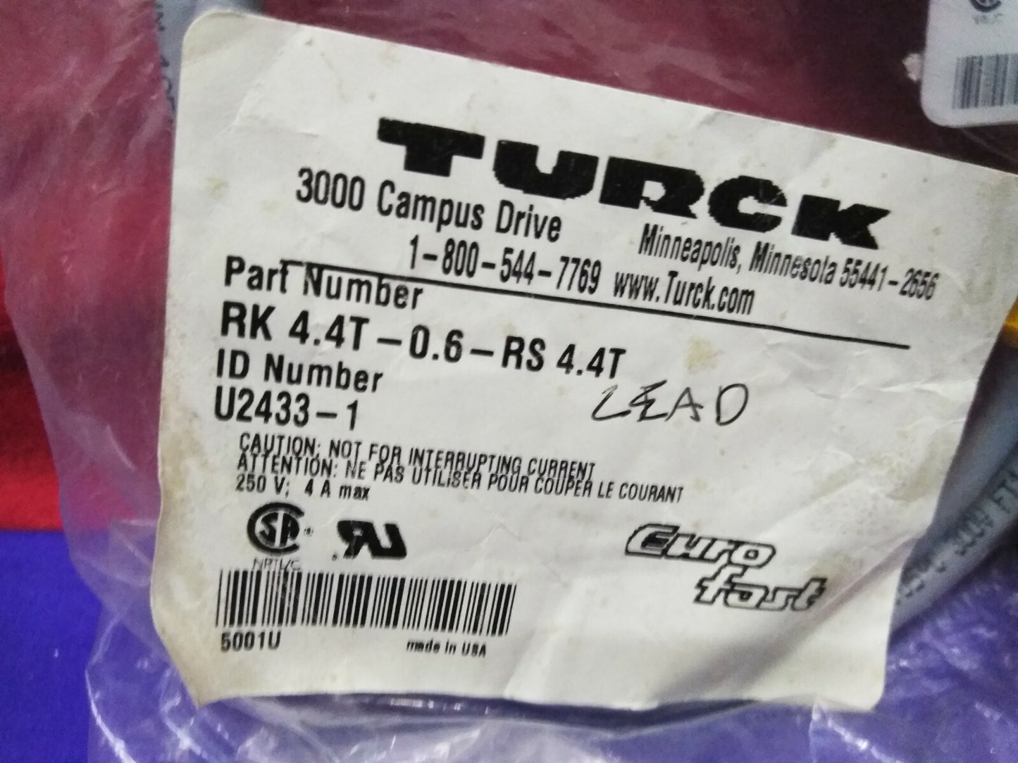 1 LOTTO DI QTY 2 - TURCK RK RK 4.4T-0.6-RS 4.4T / U2433-1 CORDSET STAMPATO 