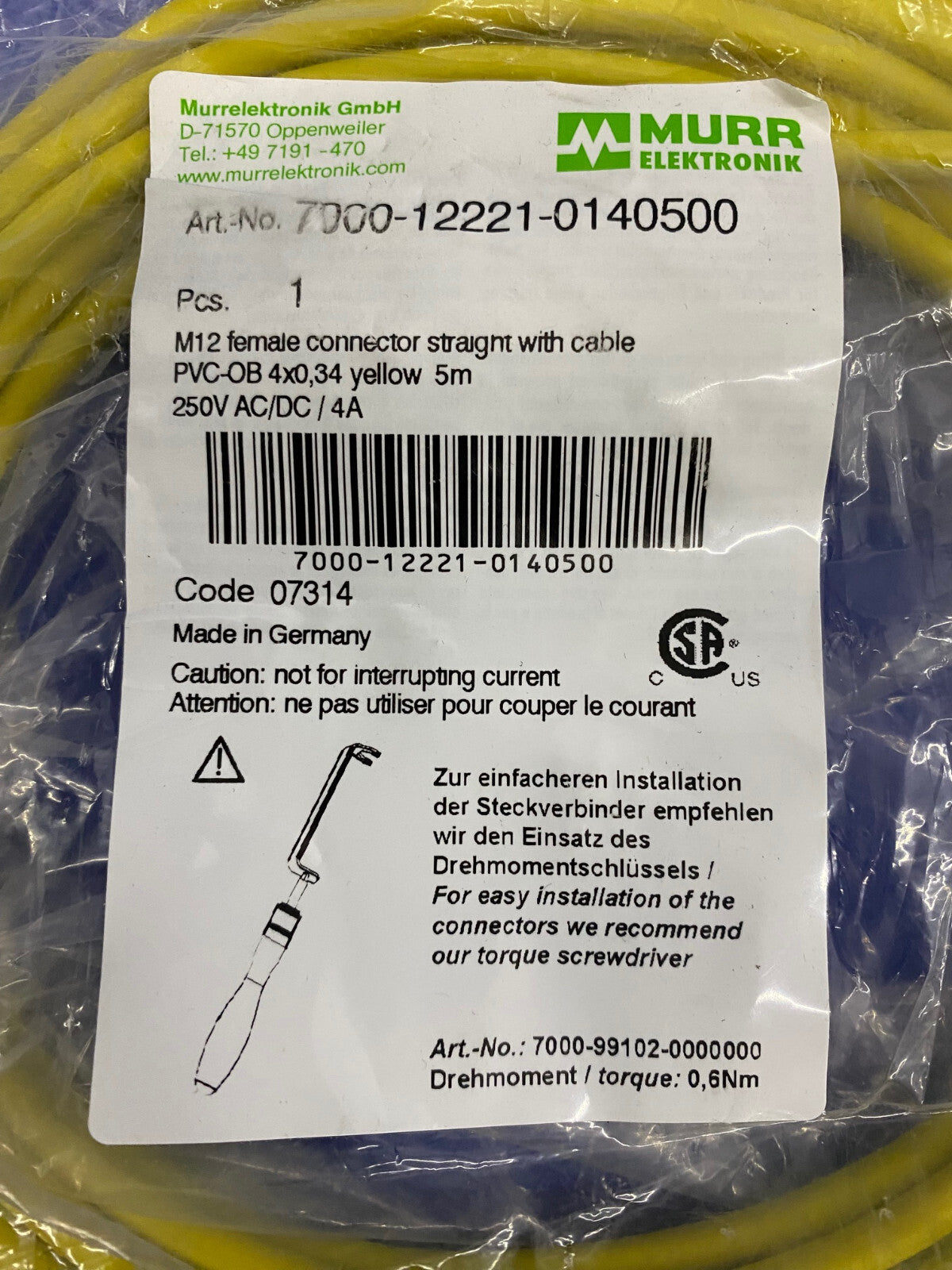 MURR ELEKTRONIK 7000-12221-0140500 M12 FEMALE CONNECTOR STRAIGHT WITH CABLE PVC