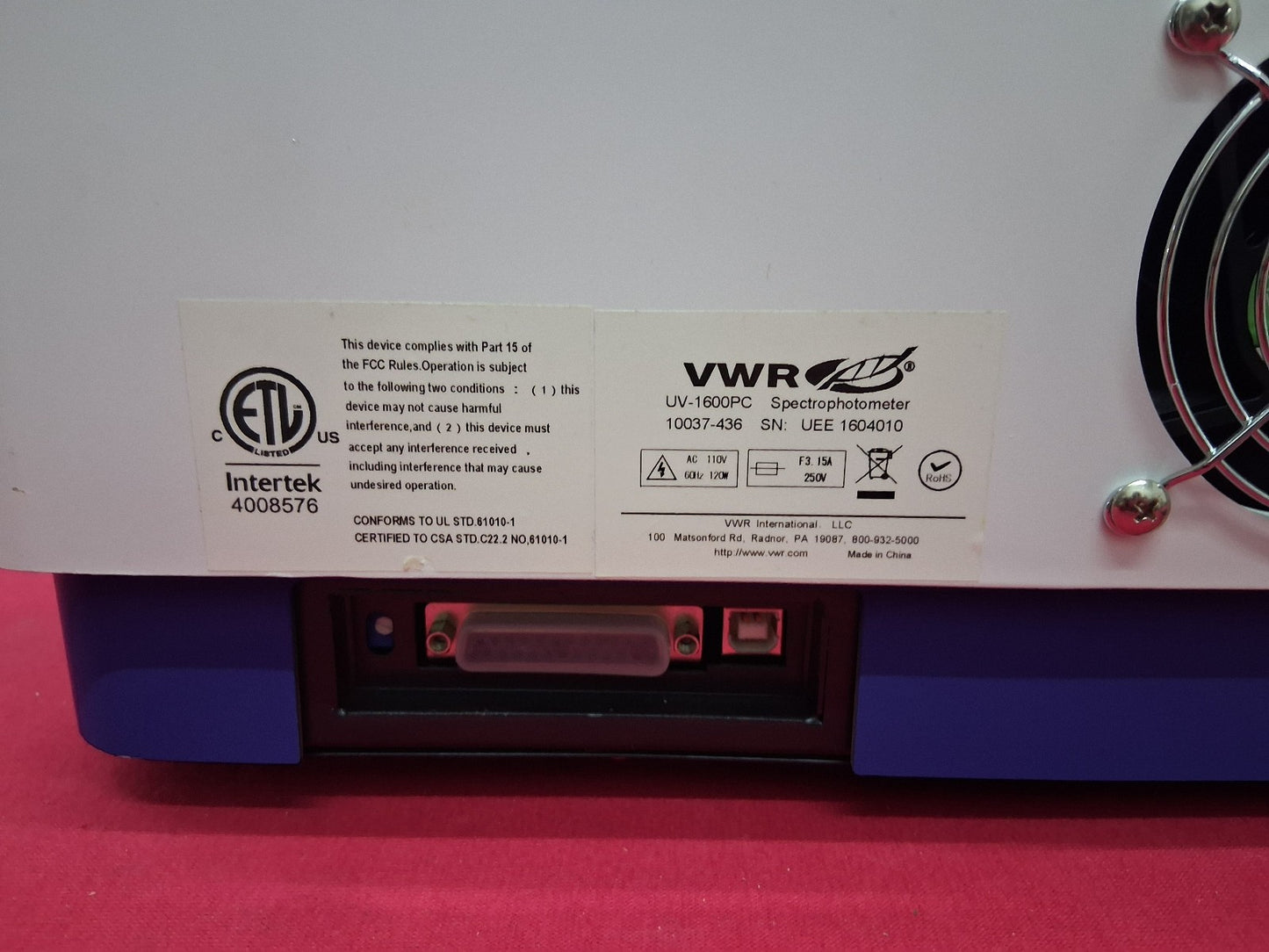 VWR UV-1600PC SPECTROPHOTOMETER 110 V AC 120 W 60 HZ 15A TESTED WORKS