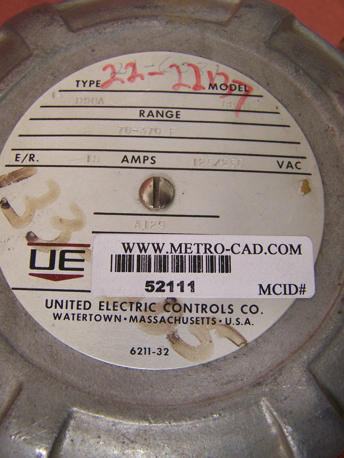 UNITED ELECTRIC CONTROL CO. 88 B 70-370 DEG F THERMOSTAT RÉGLABLE LOCALISATION DE DANGER
