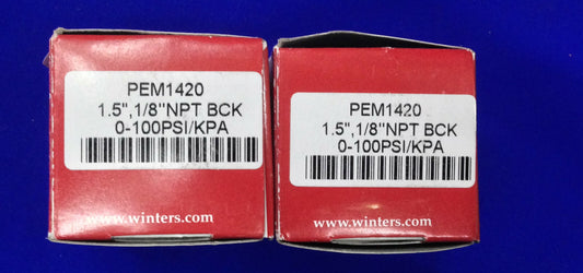 AANTAL 2 - WINTERS PEM1420 METER 1,5" WIJZERPLAAT 1/8" NPT ACHTERKANT 0-100PSI/KPA