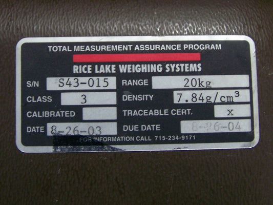 RICE LAKE WEIGHING SYSTEMS RANGE 20kg SN S43-015 CLASS 3 / DENSITY 7.84g/cm3