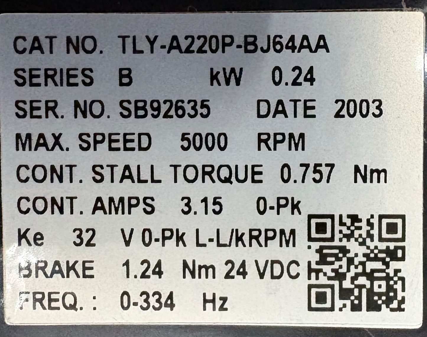 AB ALLEN BRADLEY TLY SERVO MOTOR TLY-A220P-BJ64AA SER B PN-129710 5000 RPM