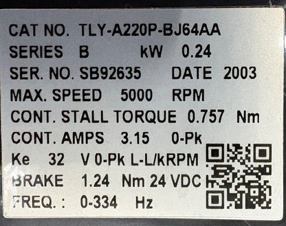 AB ALLEN BRADLEY TLY SERVO MOTOR TLY-A220P-BJ64AA SER B PN-129710 5000 RPM