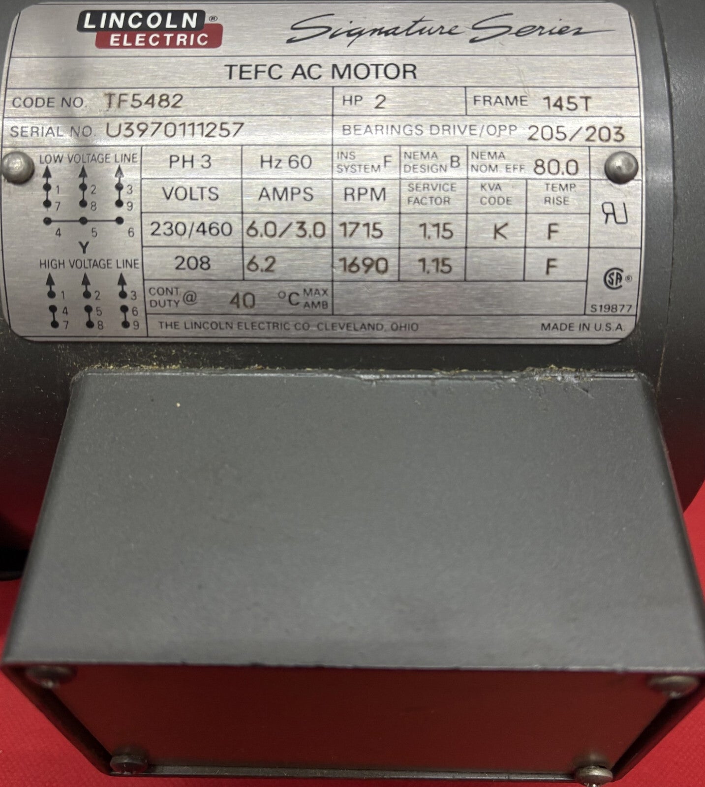 LINCOLN 3PH SIGNATURE SERIES TEFC C-FACE AC MOTOR TF5482 HP 2 - PARTS/REPAIR