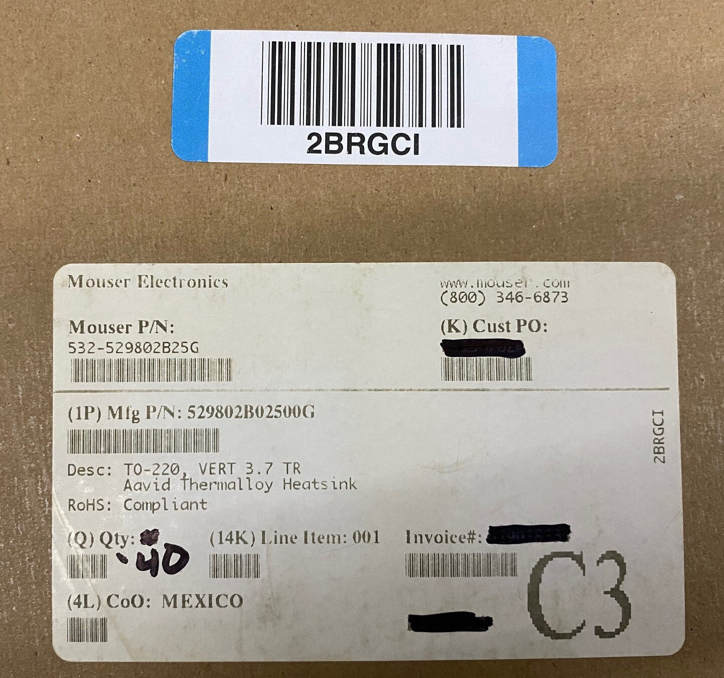 1 CONFEZIONE DA 40 - MOUSER ELECTRONICS 532-529802B25G DISSIPATORI DI CALORE DISSIPATORI DI CALORE