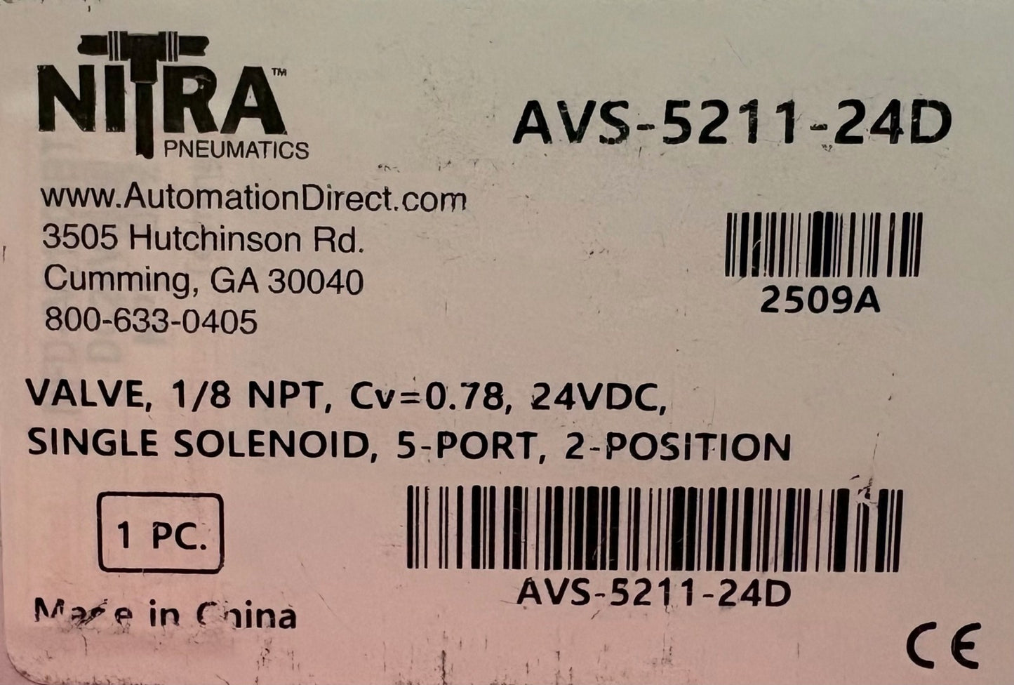 NITRA AVS-5211-24D PNEUMATIC SINGLE SOLENOID VALVE 1/8 NPT 24VDC 5-PORT