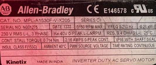 Allen Bradley AB INVERTED DUTY AC SERVO MOTOR  MPL-A1530F-V-X205 SER C FOR PARTS