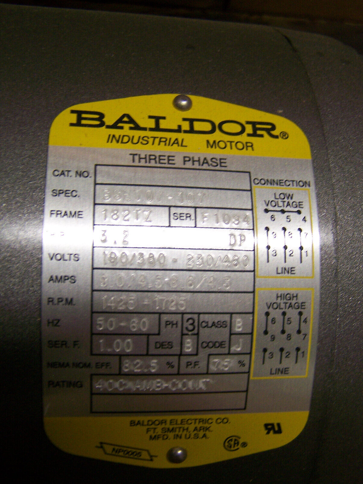 BALDOR 3 PHASE MOTOR 3.2 HP  RPM 1425 - 1725 SPEC. 36E707-107