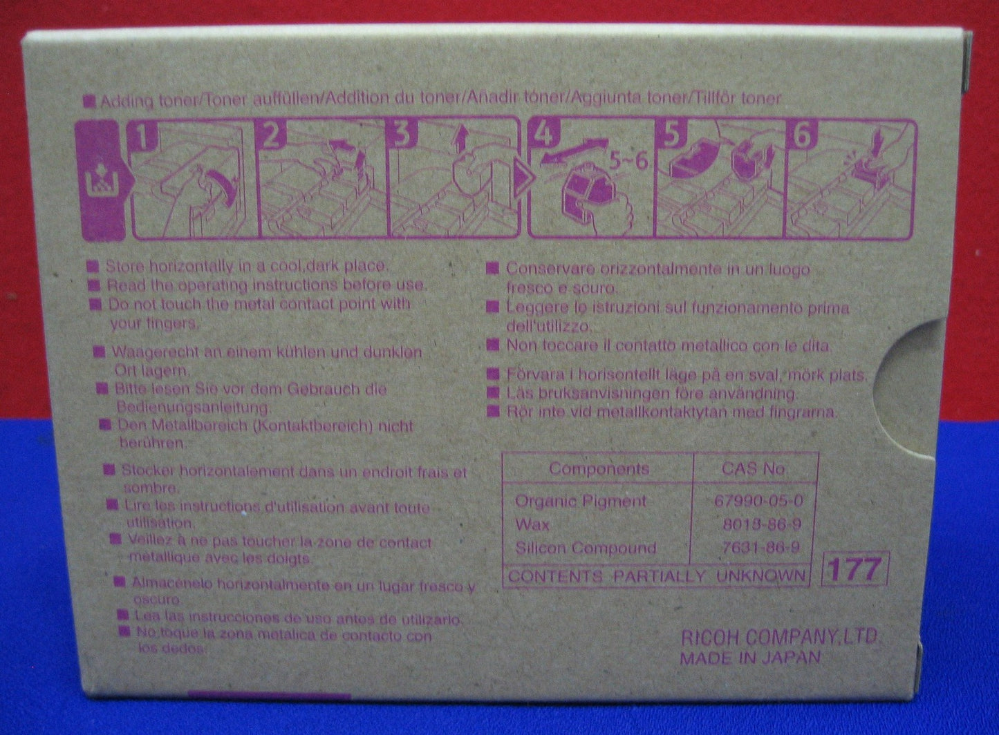 Caja de cartucho de tóner magenta Ricoh Type R1 con sello 742333050 N.º de pieza 888342