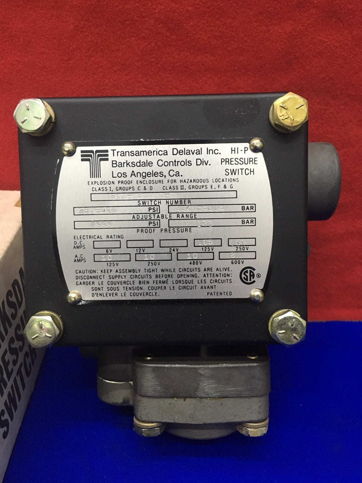 TRANSAMERICA DELAVAL BARKSDALE CONTROLS P1X-K600SS-V PRESSOSTAT