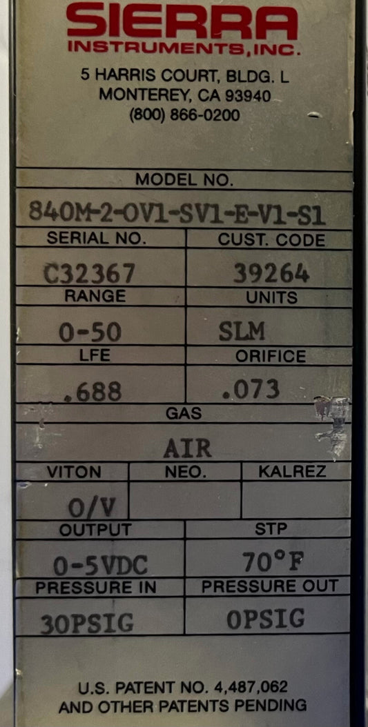 SIERRA MASS FLOW CONTROLLER 840M-2-OV1-SV1-E-V1-S1 30PSIG