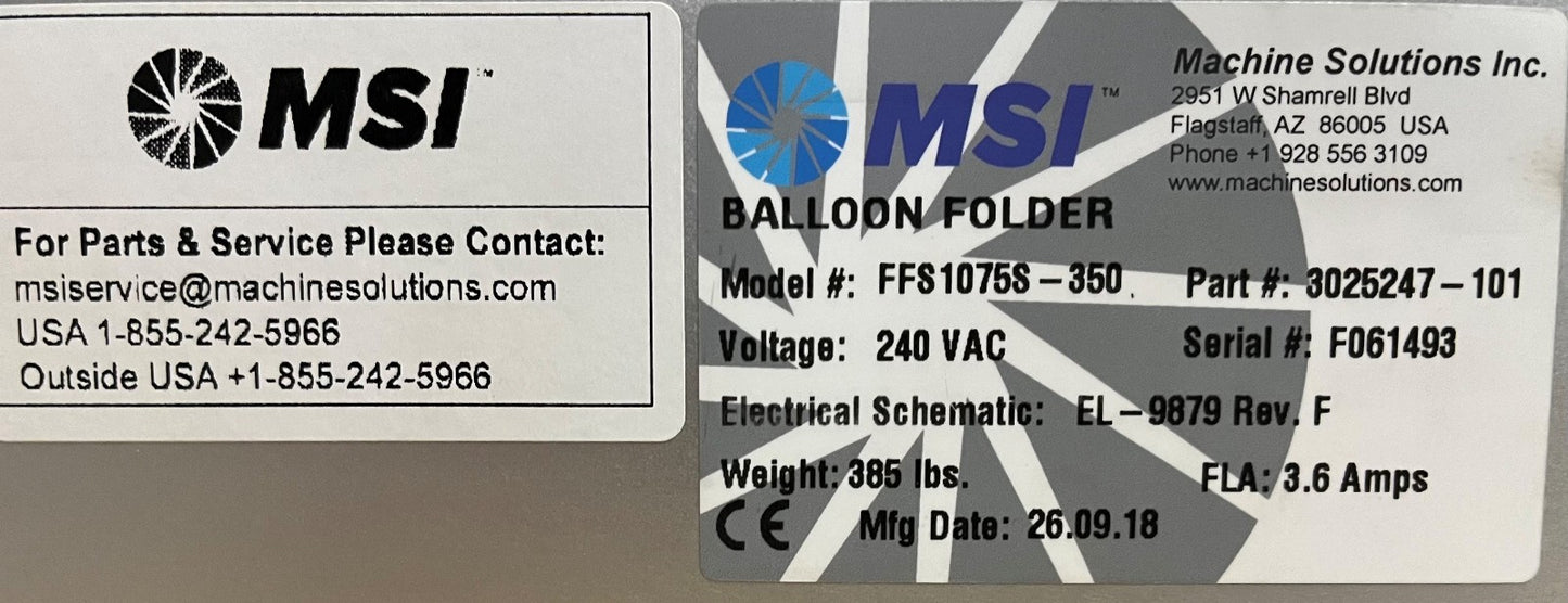MSI FFS1075S-350 Drug Coated Balloon Pleat & Fold Machine | Used Catheter Manufacturing Equipment