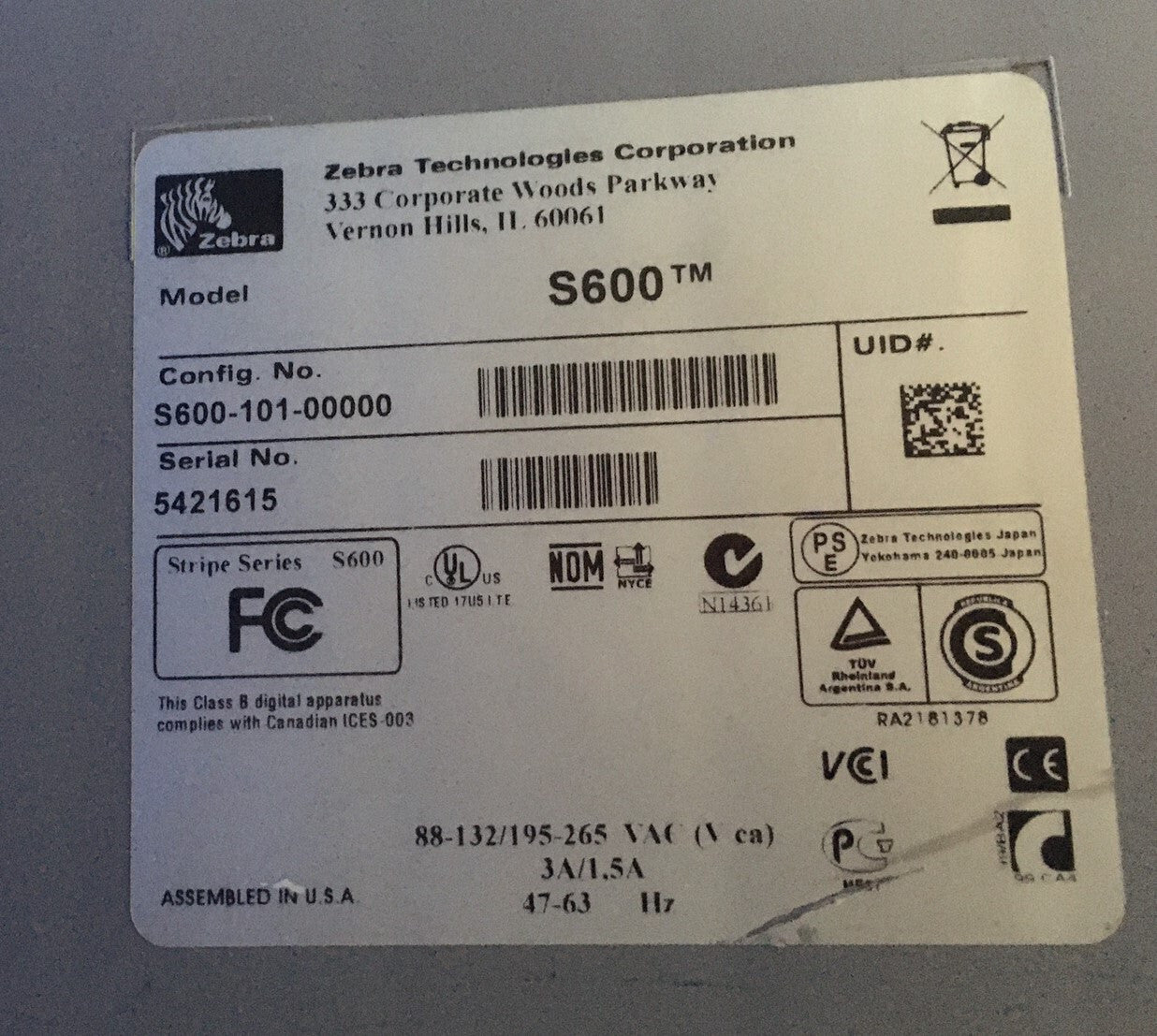 ZEBRA S600 ™ STRIPE SERIES,CONFIG.NO. S600-101-00000 ITEM IS FOR PART/REPAIR