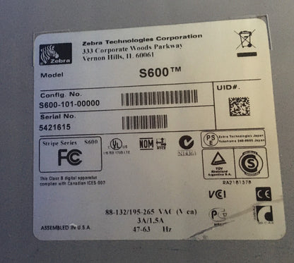 ZEBRA S600 ™ STRIPE SERIES,CONFIG.NO. S600-101-00000 ITEM IS FOR PART/REPAIR