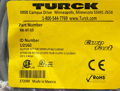 TURCK RK 4T-10 ID# U2160 CORDSET SINGLE ENDED (PIGTAIL) 3 WIRE 10 METER - QTY 2