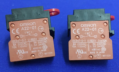 1 LOT QTY OF 2 - OMRON A22-01 CONTACT SWITCH BLOCK