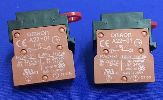 1 LOT QTY OF 2 - OMRON A22-01 CONTACT SWITCH BLOCK
