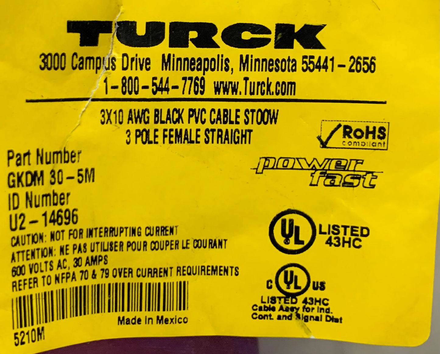 Lotto di 2 Turck GKDM 30-5M 3X10 AWG Cavo PVC nero ST00W 3 poli femmina dritto