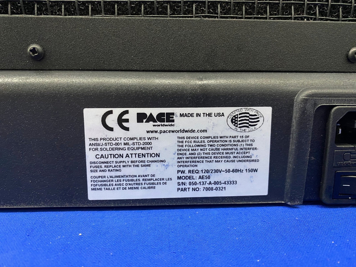 PACE AE50 PN 7008-0321 BENCHTOP FUME EXTRACTOR WITH 8886-0055-P1 ARM OPTION
