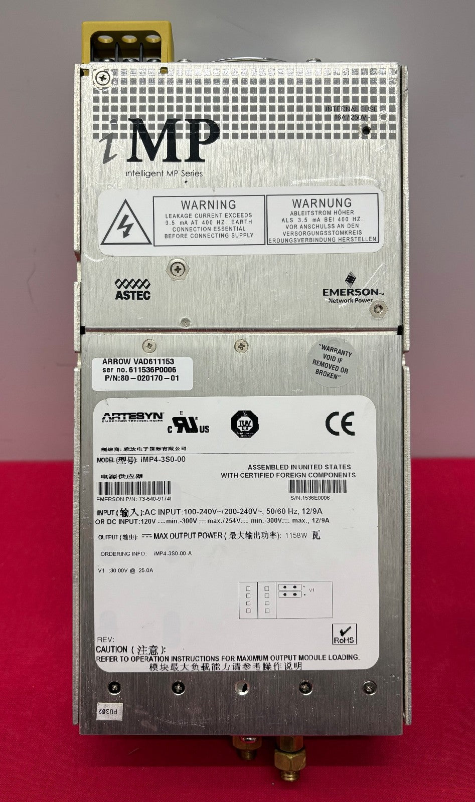 EMERSON ARTESYN iMP4-3S0-00 1158W POWER SUPPLY AC/DC CONVERTER - PARTS/REPAIR