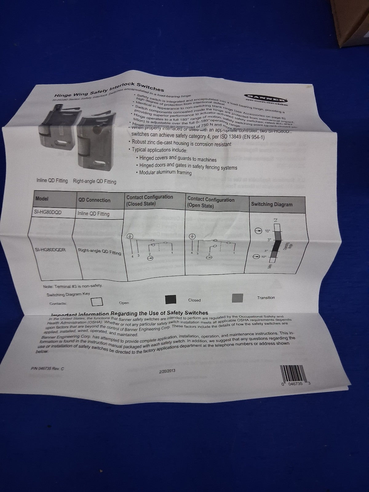 BANNER ENGINEERING CORP 46731 SI-HG80DQD HINGE SAFETY INTERLOCK SWITCH