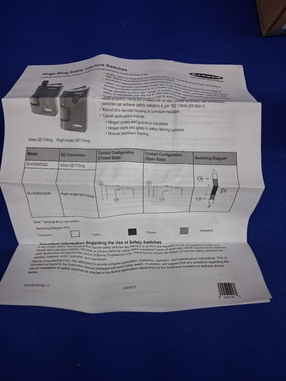 BANNER ENGINEERING CORP 46731 SI-HG80DQD HINGE SAFETY INTERLOCK SWITCH