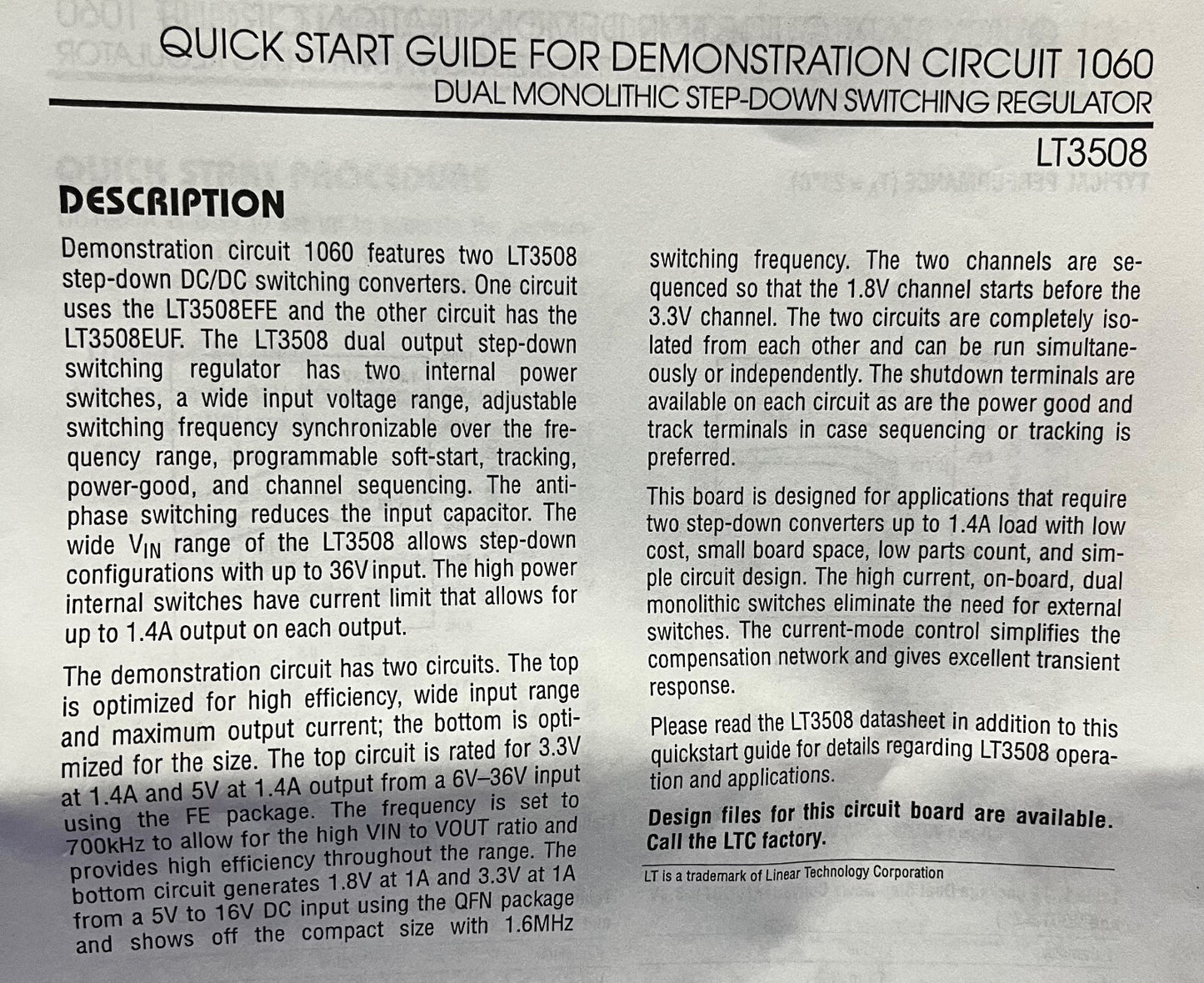Demonstrationsschaltung für Linear Technology-Platinen DC1060A LT3508EFE/LT3508EUF