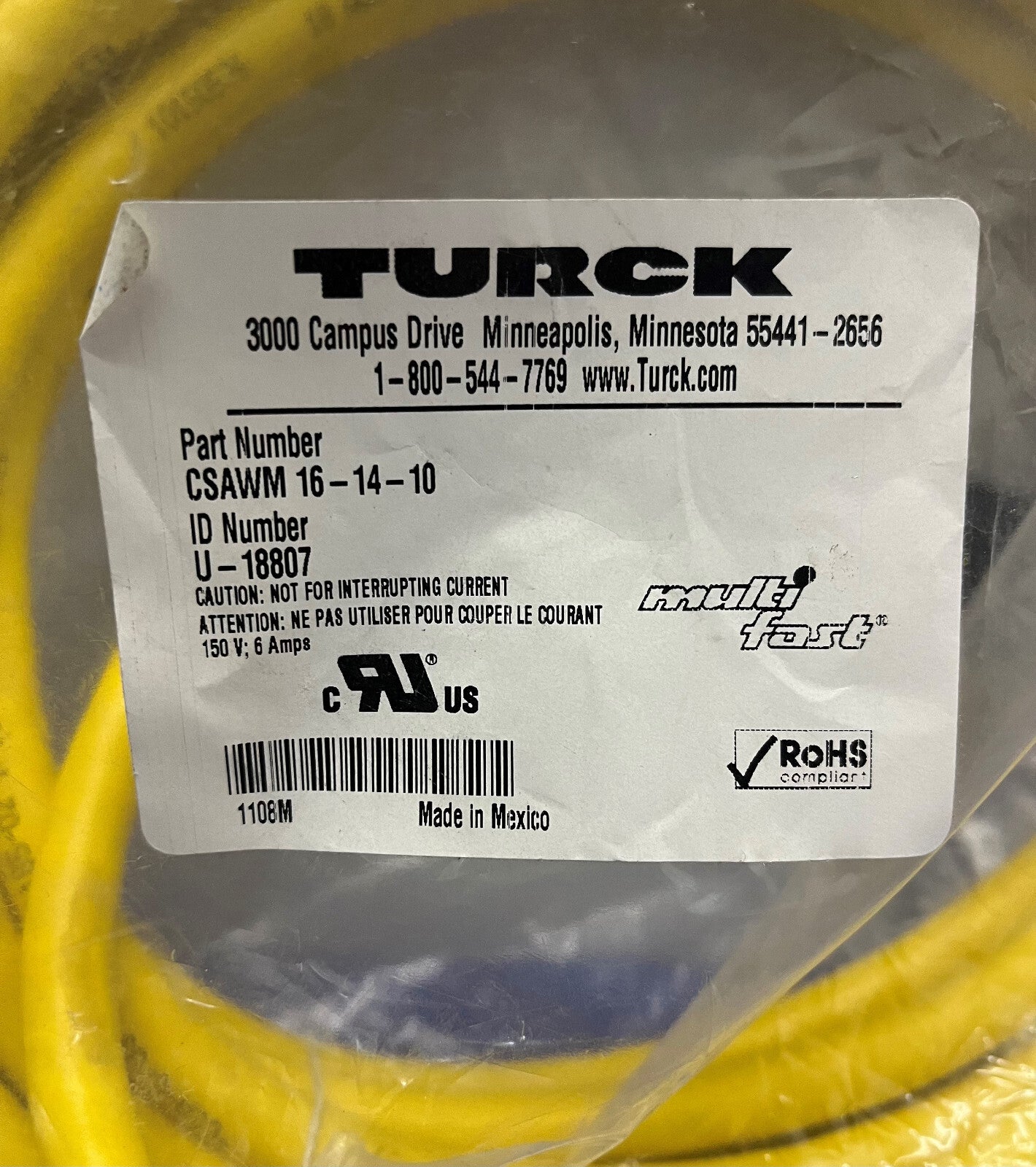 TURCK CABLE CSAWM-16-14-10 U-18807 MULTIFAST GEFORMTES KABELSATZ
