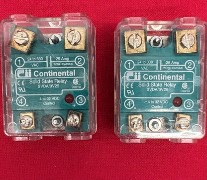 CONTINENTAL SOLID STATE RELAY SVDA/3V25  24-330VAC 25AMP  4 TO 32 VDC - QTY 2