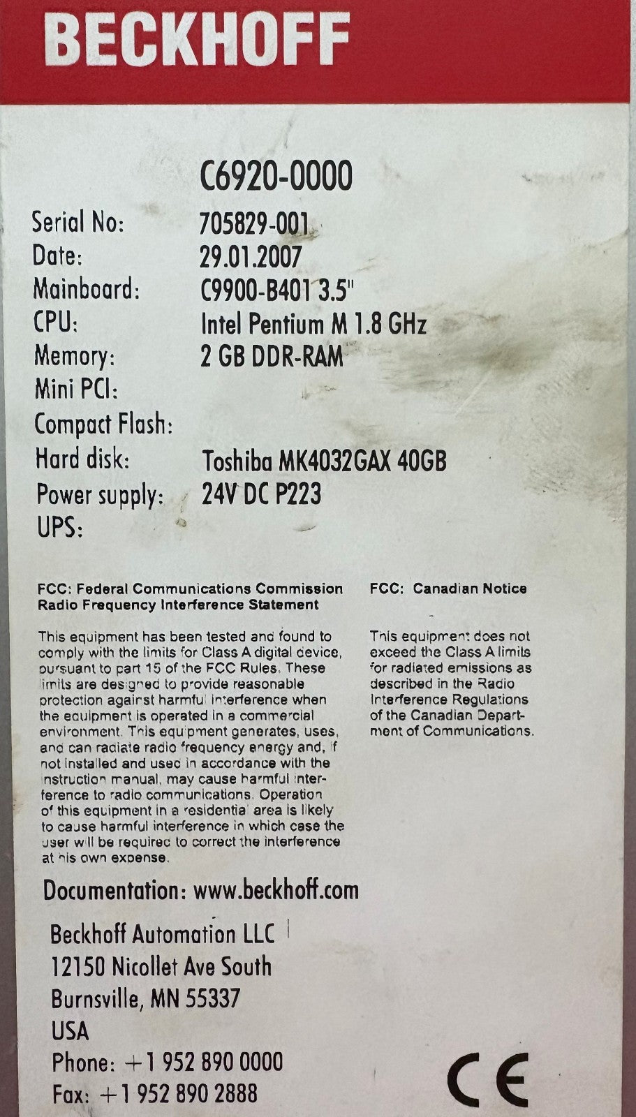 BECKHOFF C6920-0000 INDUSTRIAL PC CONTROL 24VDC 705829-001 - FOR PARTS/REPAIR