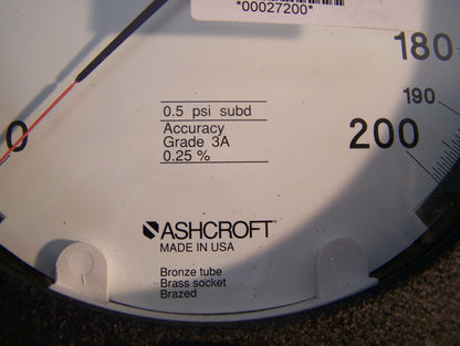 ASHCROFT TEST GAUGE Q-8605 0-200 PSI TEMPERATURE COMPENSATED 0.5 PSI SUBD