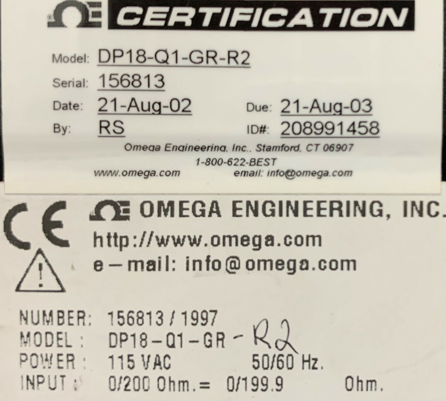 Omega DP18-Q1-GR-R2 Digitale paneelmeter / temperatuurregelaar 115VAC 50/60Hz