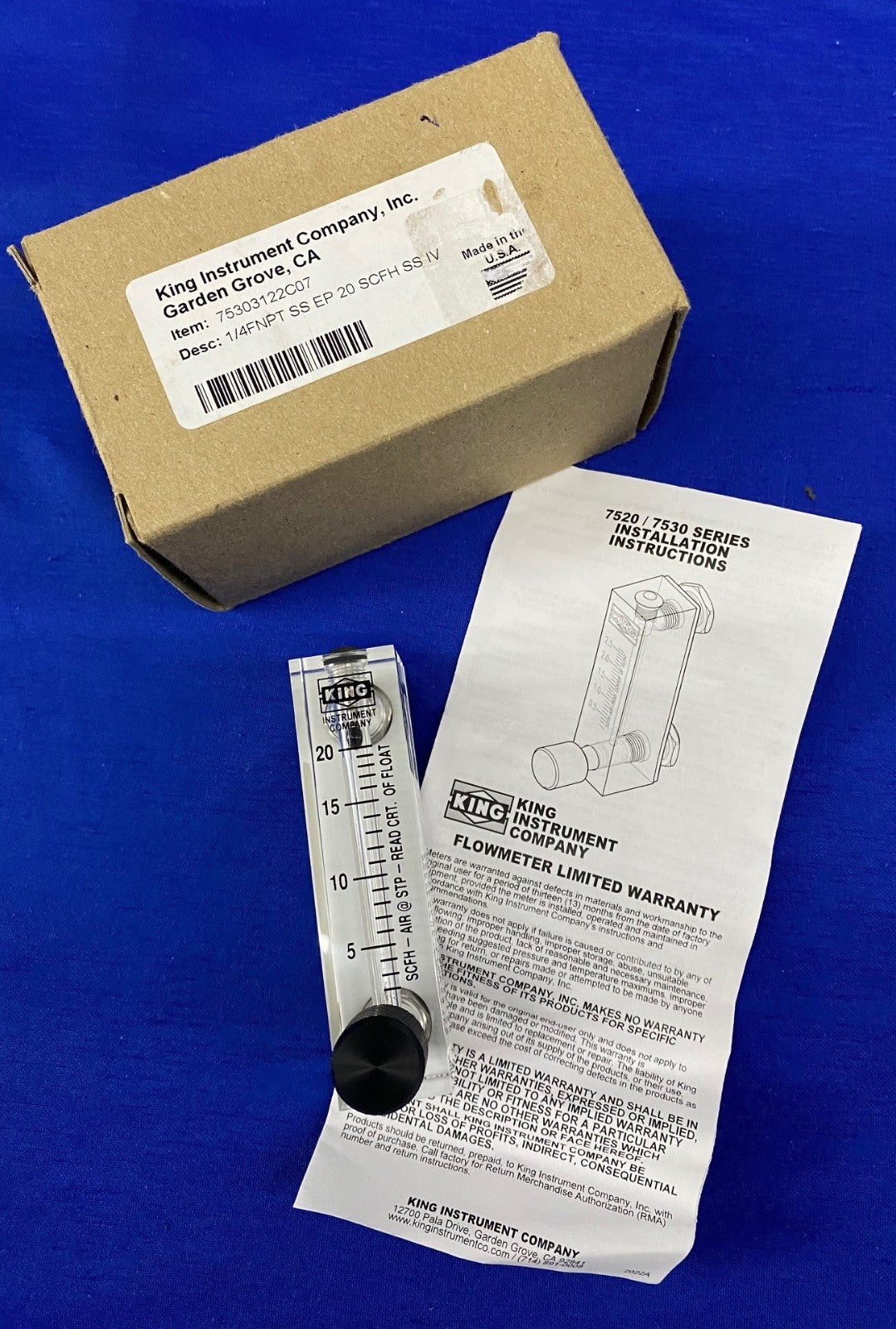 KING INSTRUMENT 75302113C07 FLOWMETER ACRYLIC 75MM/SCALE 23SCFM AIR FLOW 1/4FNPT