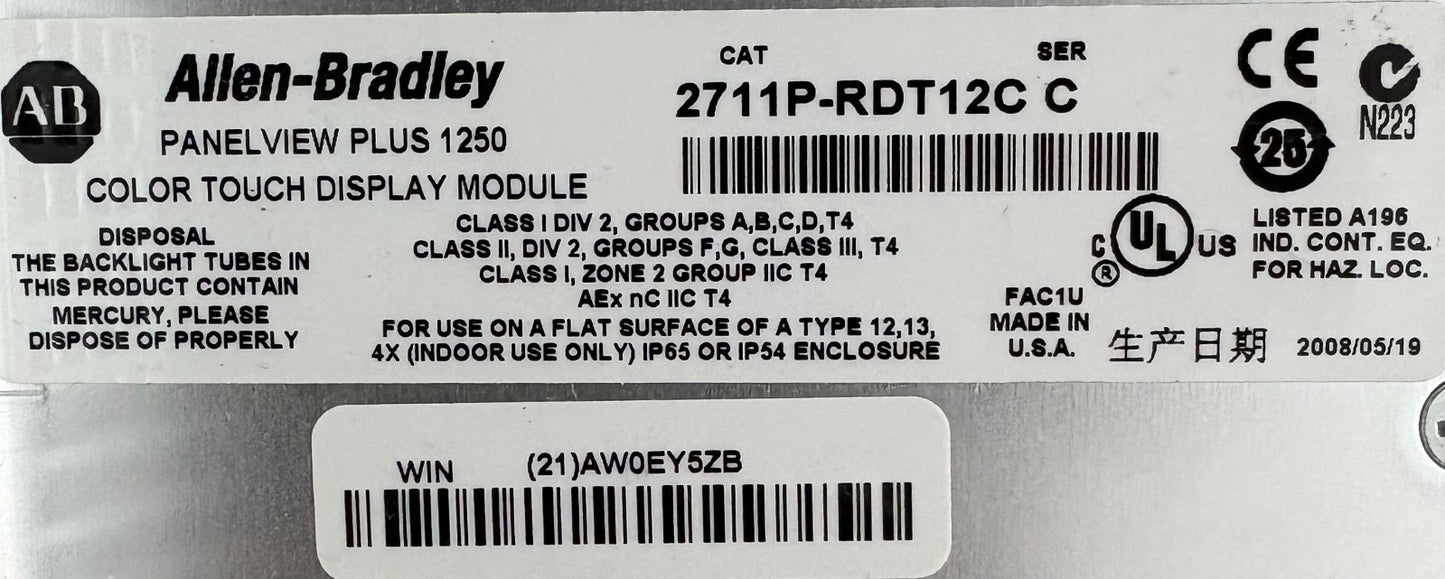 Allen Bradley AB PANELVIEW PLUS 1250 2711P-RP1 SER G LOGIC MODULE - PARTS/REPAIR