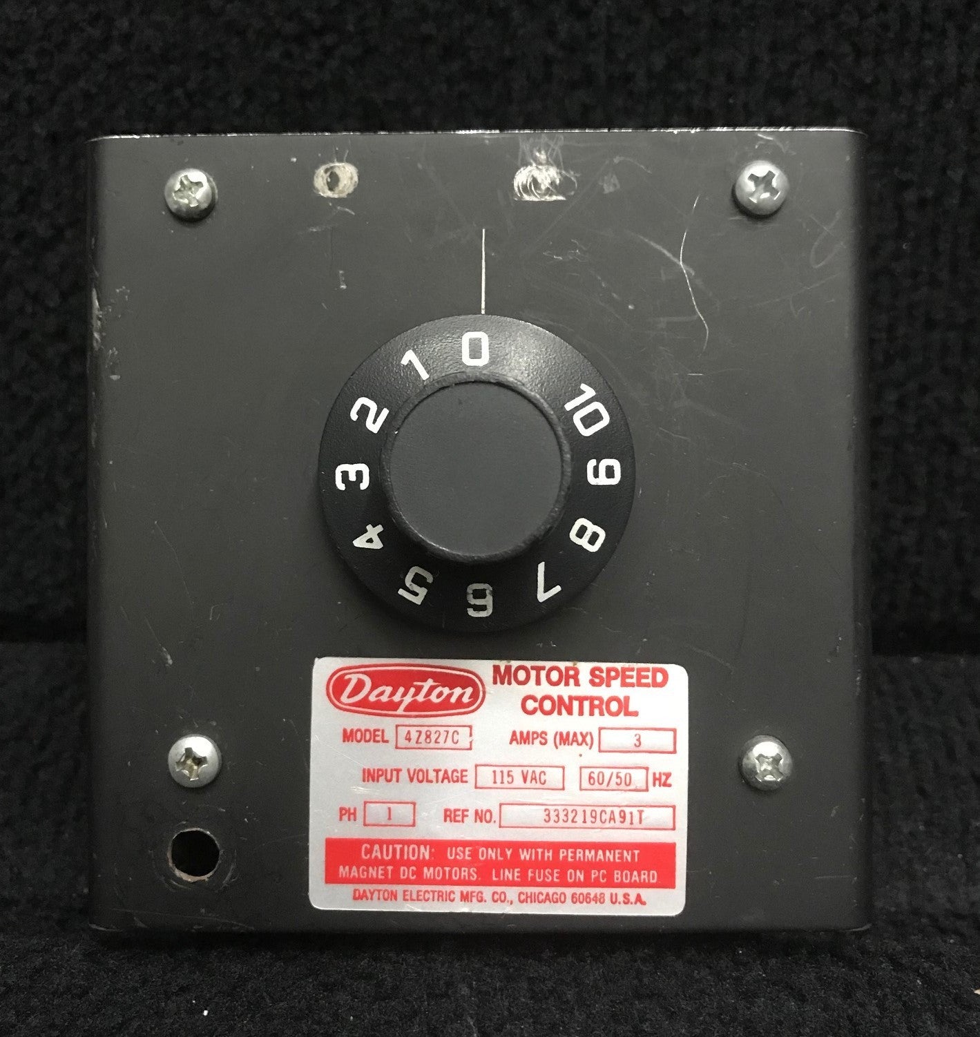 DAYTON ELECTRIC CO. 4Z827C MOTOR SPEED CONTROL AMPS MAX 3 FOR PARTS REPAIR