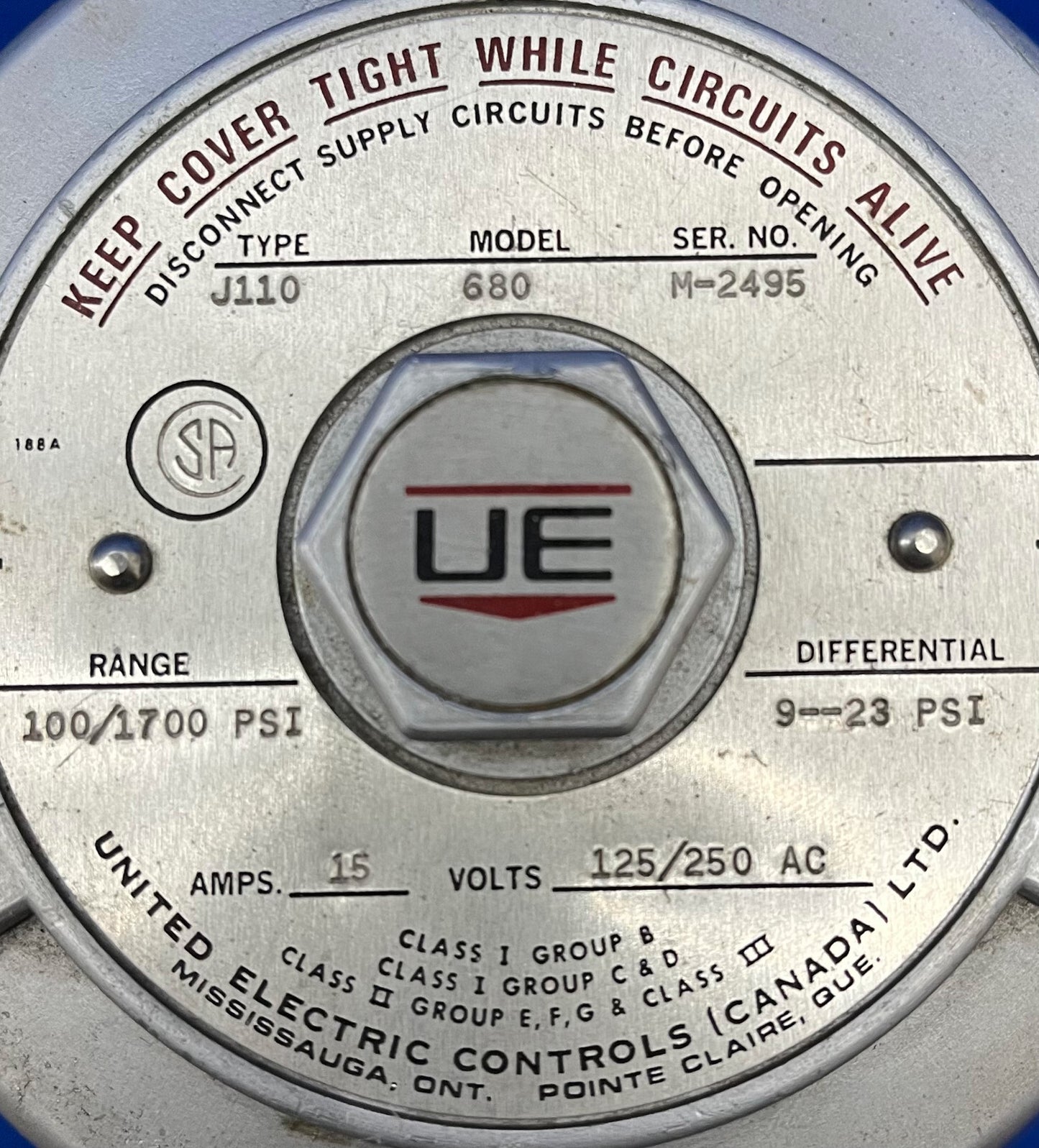 UE/UNITED ELECTRIC CONTROLS J119 MODEL 680 PRESSURE CONTROL SWITCH C1, G BCD CII