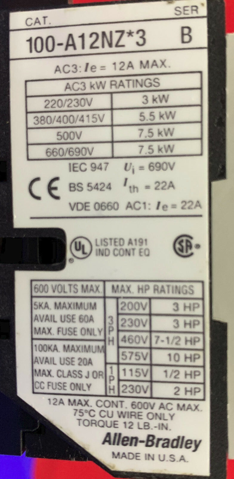 Allen-Bradley / Allen Bradley / AB 100-A12NZ*3 SER B CONTACTOR