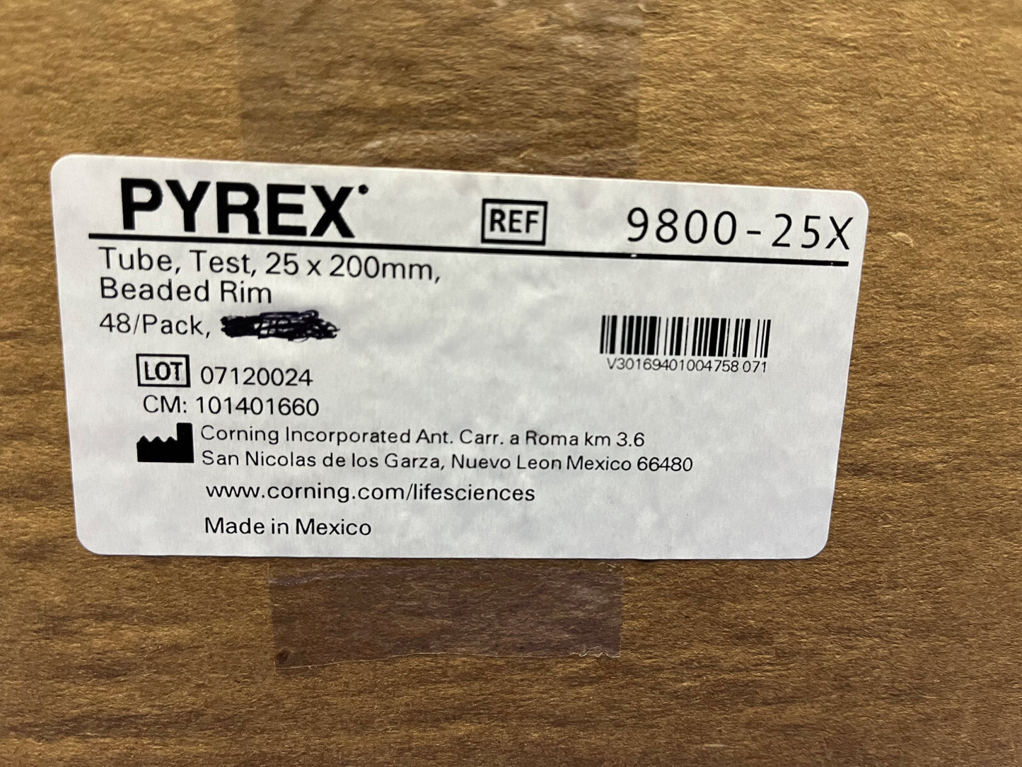 PYREX 9800-25X GLAZEN REAGEERBUIZEN 25X200mm - 1 VERPAKKING VAN 48 BUIZEN