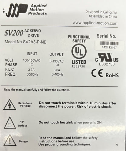 APPLIED MOTION PRODUCTS SV200 SV2A3-P-NE AC SERVO DRIVE 100-130 VAC PHASE 3