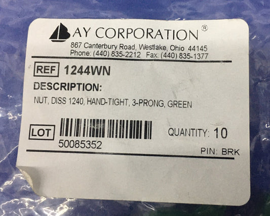 1 PKG OF QTY 10 BAY CORP ® OXYGEN 1244WN  NUT,DISS 1240,HAND-TIGHT,3-PRING,GREEN