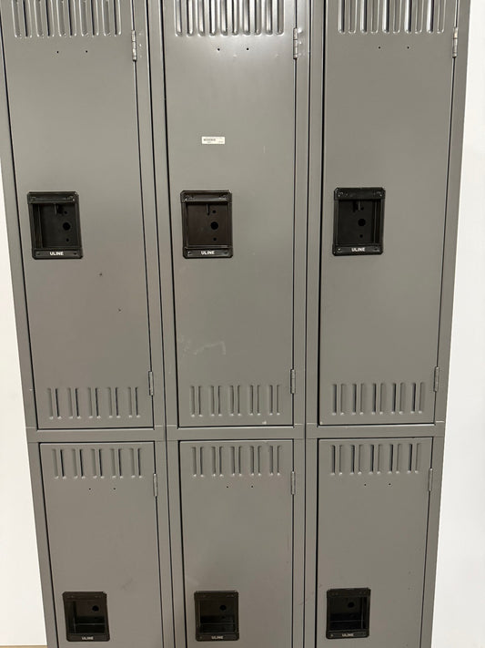 ULINE DOUBLE TIER ASSEMBLED LOCKERS STEEL 6 DOORS TOTAL 36 1/2" X 78" X 18"
