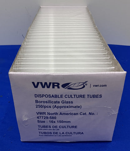 VWR 47729-580 BOROSILICATE GLASS 16x150MM CULTURE TUBES  - 1 PKG OF 250 TUBES