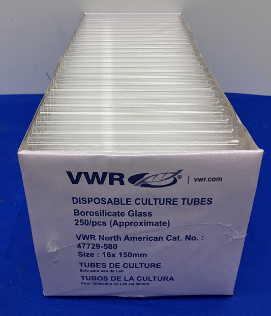 VWR 47729-580 BOROSILICATE GLASS 16x150MM CULTURE TUBES  - 1 PKG OF 250 TUBES