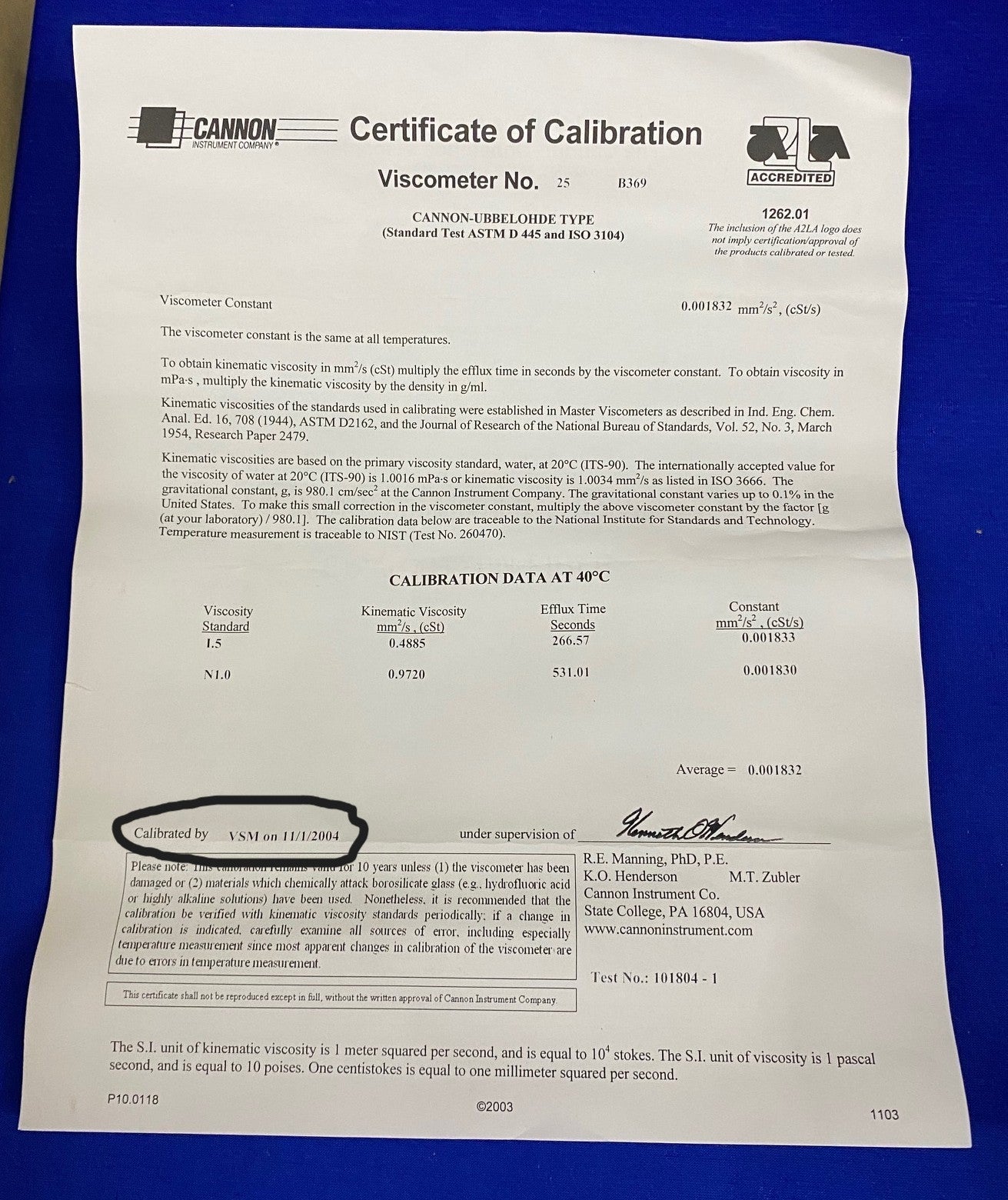 CANNON INSTRUMENT 9721-K50 SIZE 25 CANNON-UBBELOHDE CALIBRATED VISCOMETER