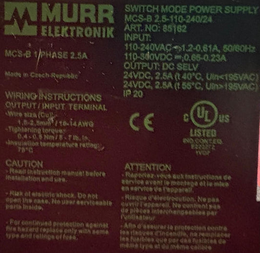 MURR MCS-B-2.5-110-240/24 ART.NO 85162 SWITCH MODE POWER SUPPLY