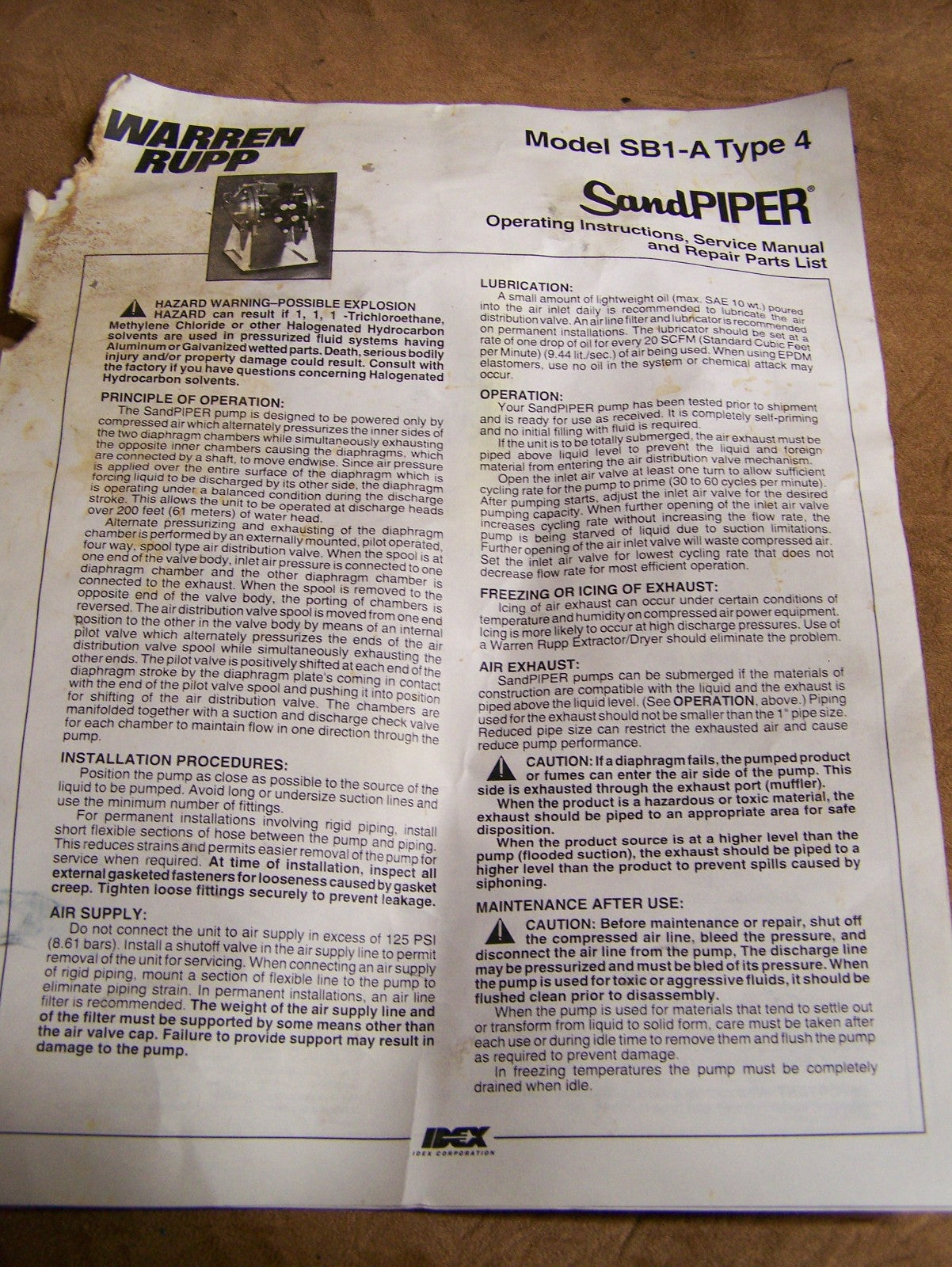 WARREN RUPP SANDPIPER AIR POWERED DOUBLE DIAPHRAGM PUMP MODEL SB1-4 TYPE SB 4-4