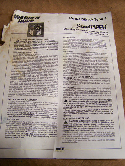 WARREN RUPP SANDPIPER AIR POWERED DOUBLE DIAPHRAGM PUMP MODEL SB1-4 TYPE SB 4-4