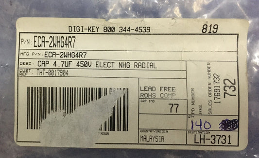 1 Paket mit 140 Stück – Panasonic/Digi-Key ECA-2WHG4R7 Elektrolytkondensatoren