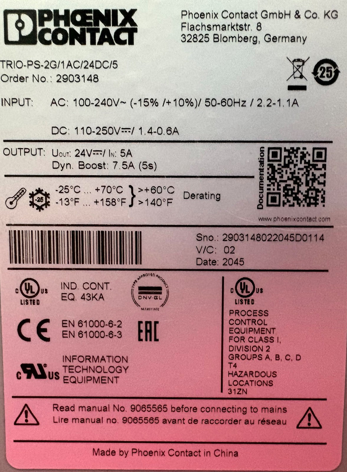 PHOENIX CONTACT TRIO-PS-2G/1AC/24DC/5 2903148 24VDC POWER SUPPLY - 1 LOT QTY 2